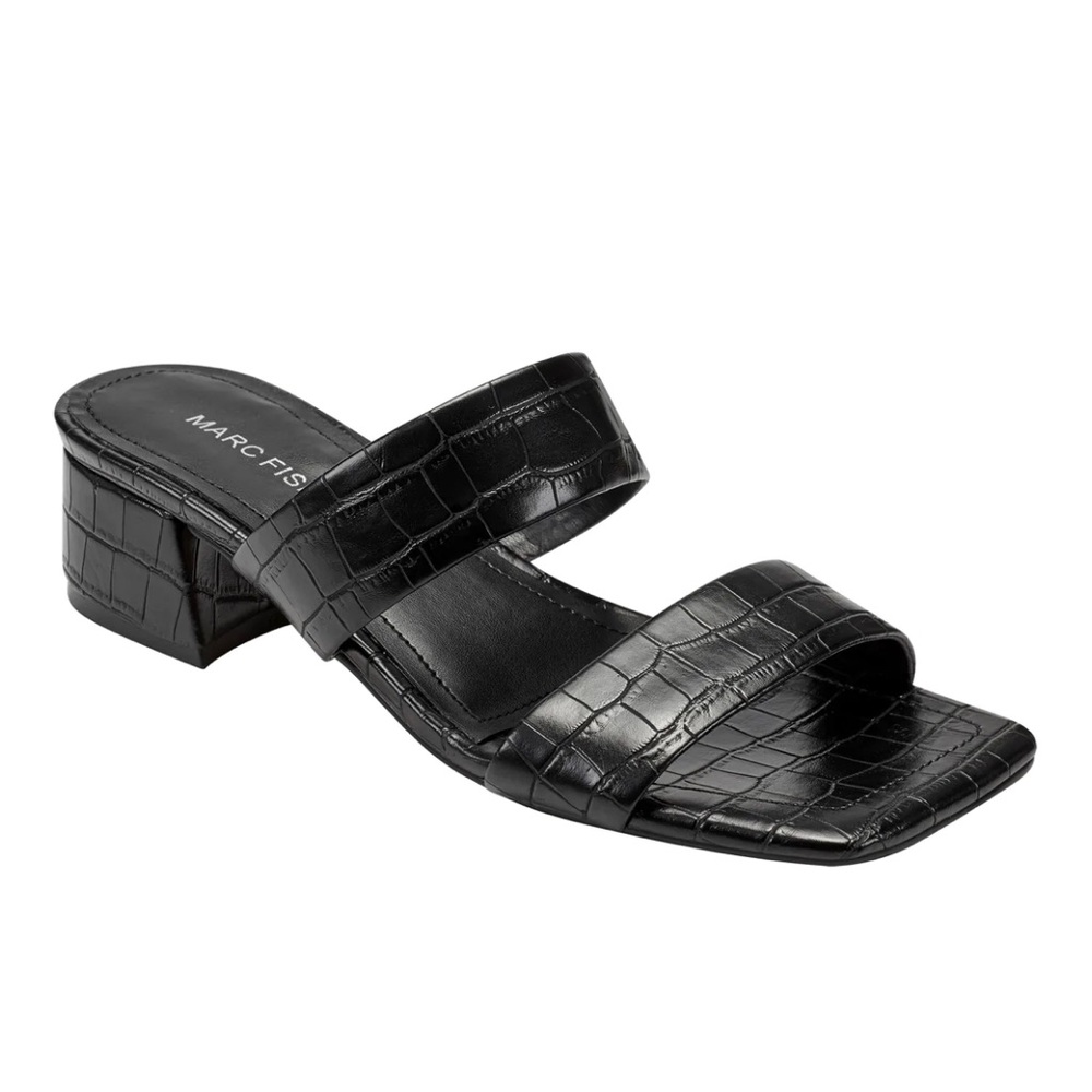 Marc Fisher Black Croc-Embossed Double-Strap Block Heel Sandals